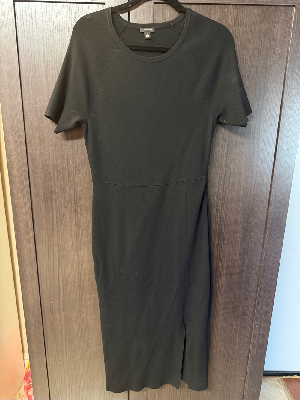Ann Taylor Black Short-Sleeve Midi Dress with Subtle Slit